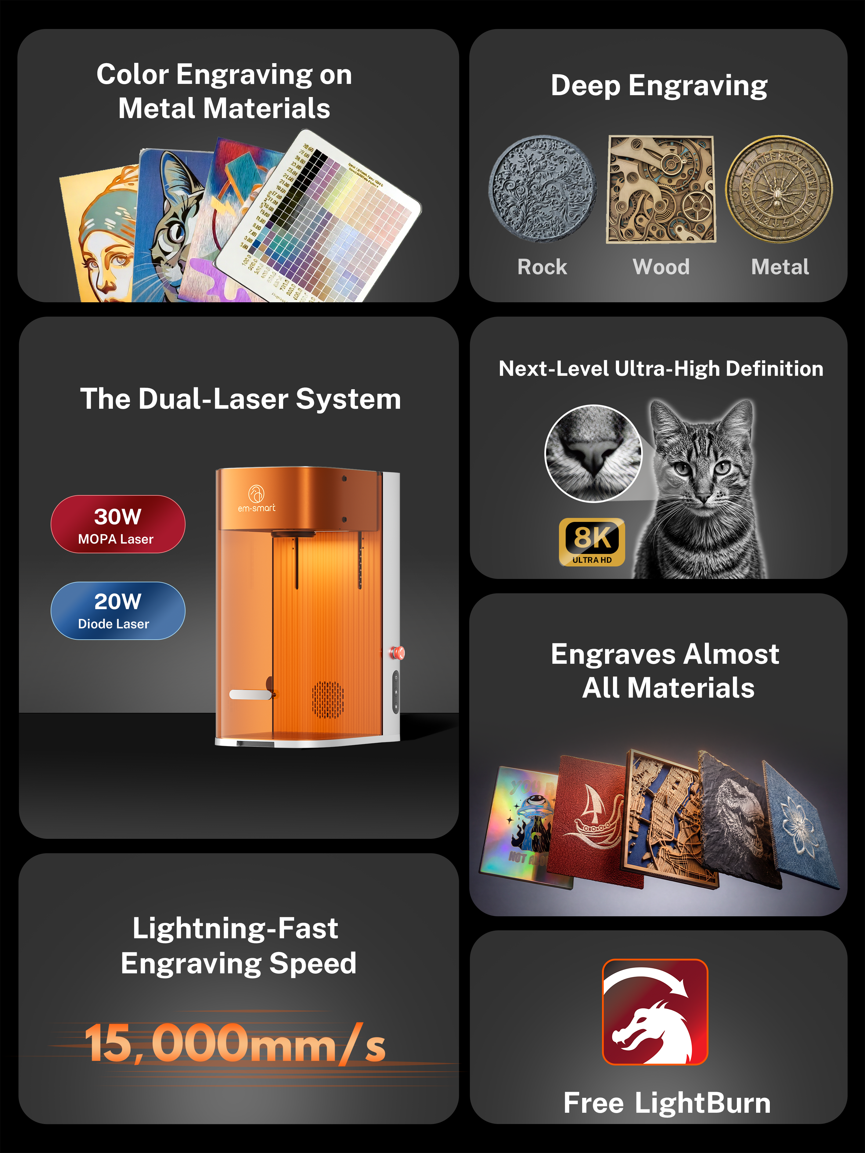 em-smart Dual 2 30W MOPA + 20W Diode Desktop Laser Engraver